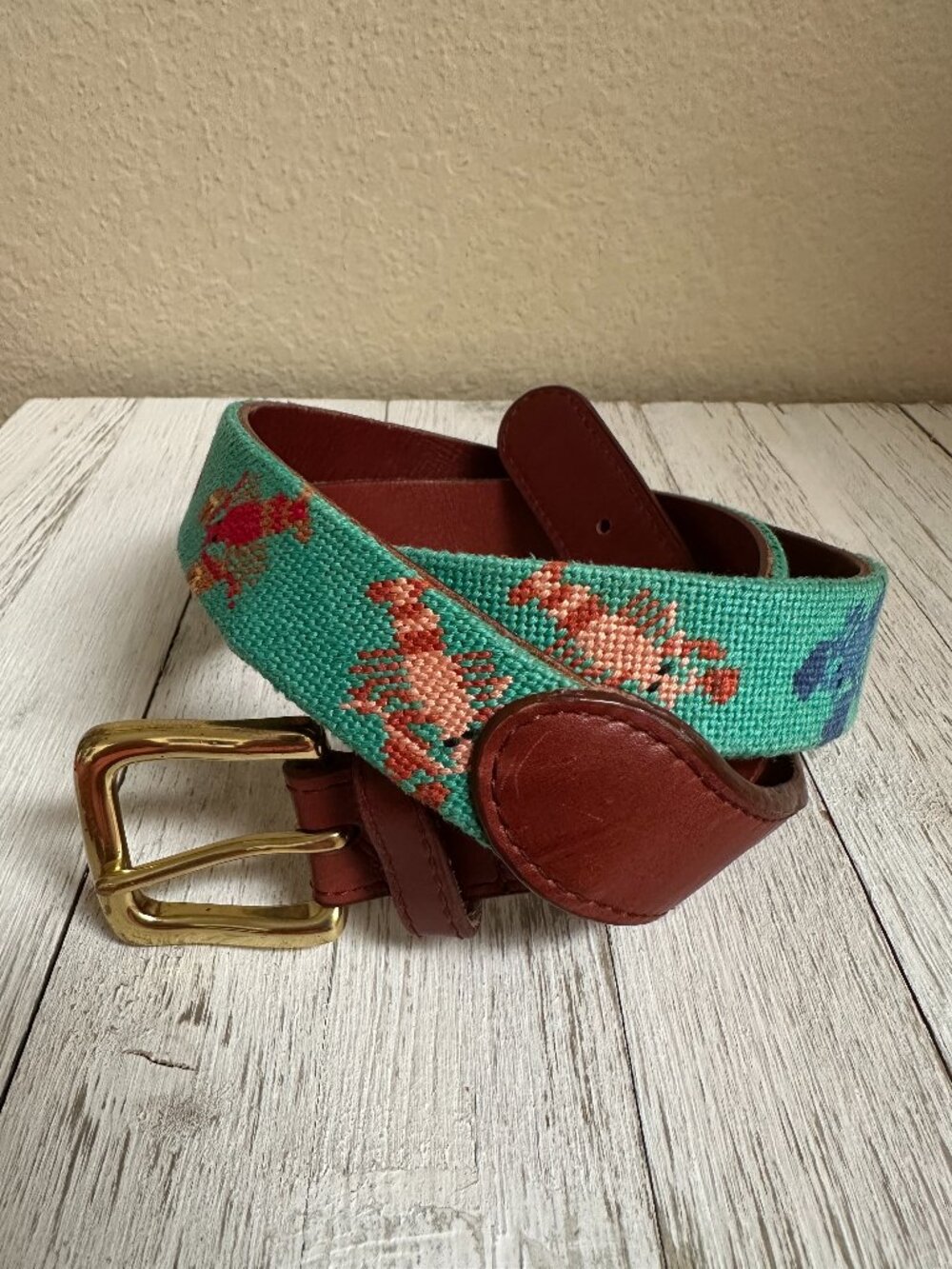 Tucker Blair Needlepoint Leather Lobster Brass Buckle Belt Sz 38